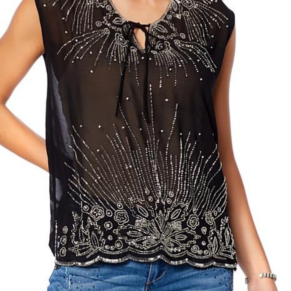 Hillary Scott Tops Nwt Hillary Scott Nude Chiffon Beaded Top Xs